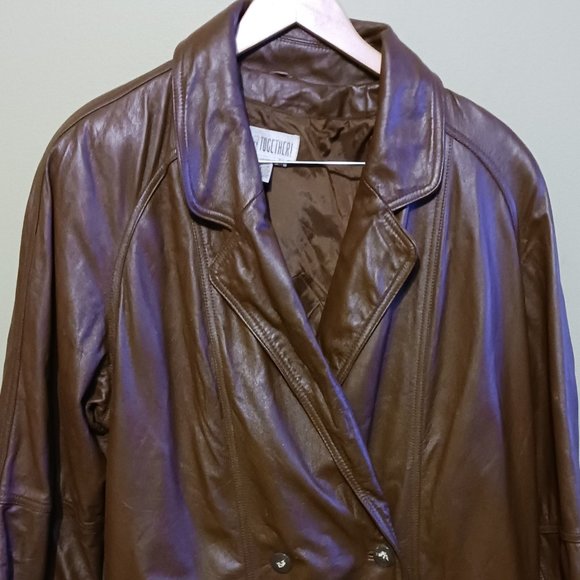 Vintage 80s Together Leather Double Breasted Maxi Trench Coat Brown Womens Sz 16 - Picture 2 of 16